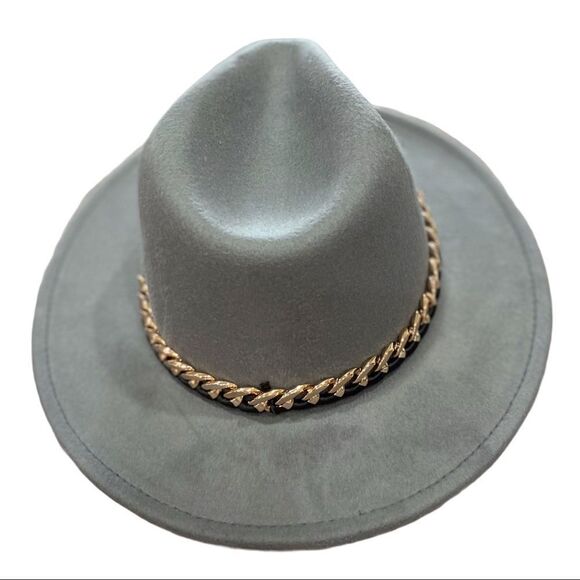 Gray Fedora Hat Stiff Brim Tall Dented Crown Chunky Chain Hat NEW